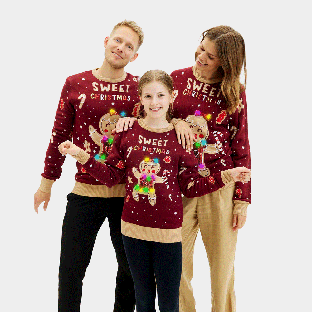 Camisola de Natal Vermelha Luzes LED Família Ginger Cookie