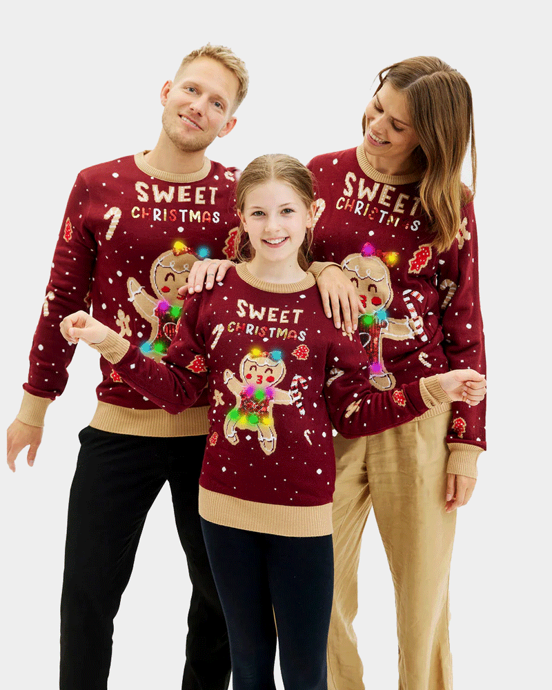 Camisola de Natal Vermelha Luzes LED Menina Familia Ginger Cookie