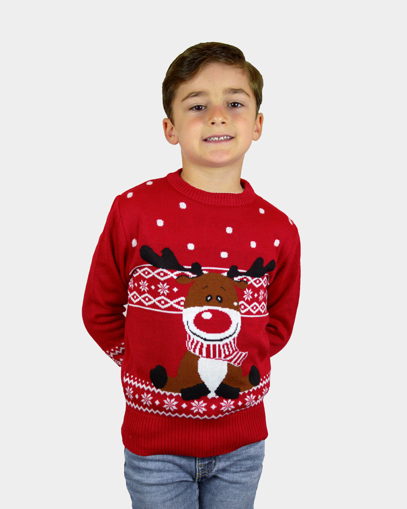 Camisola de Natal Vermelha para Menino Rena Rudolph Cachecol