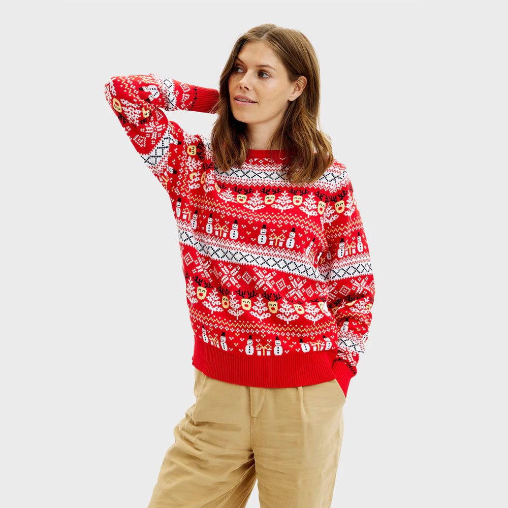 Camisola de Natal Mulher Vermelha Bonecos Árvores Algodão Orgânico
