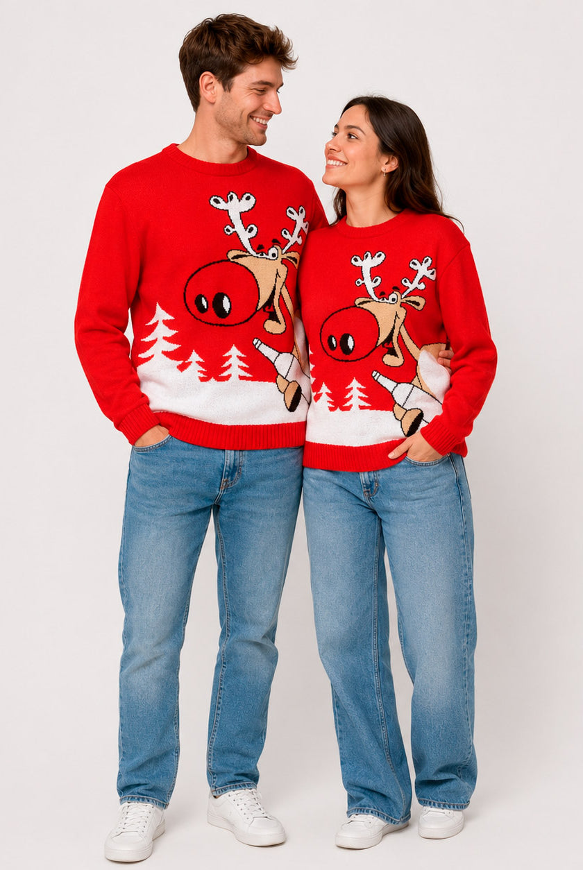 Camisola de Natal Família Vermelha Rena com Cerveja Casal