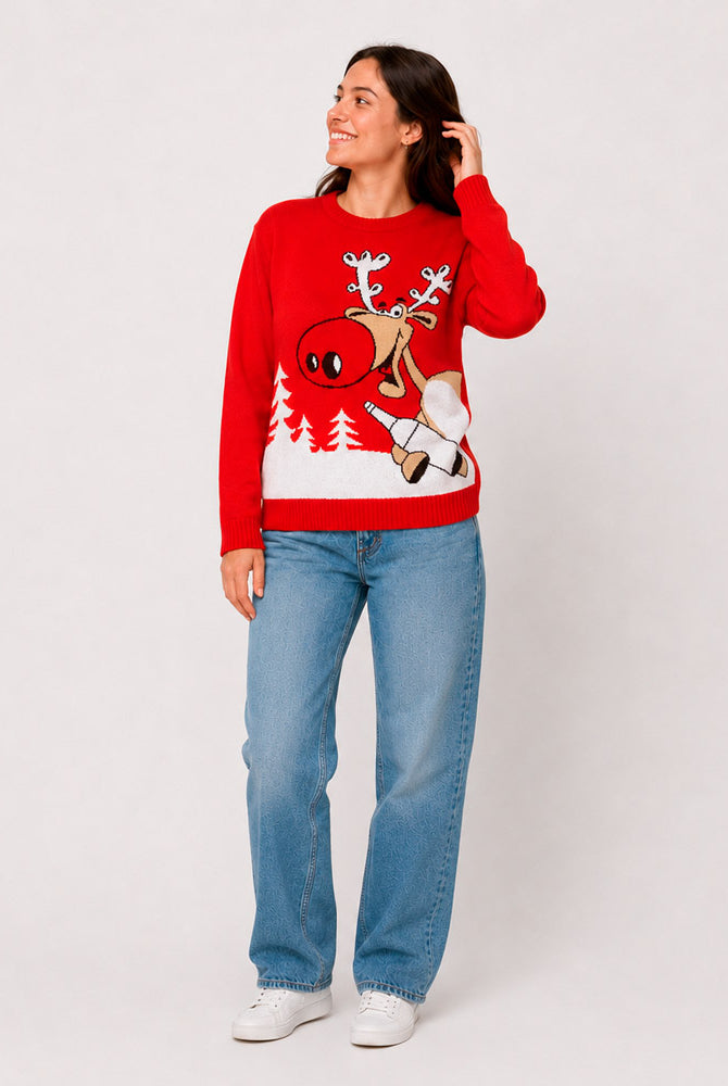 Camisola de Natal Família Vermelha Rena com Cerveja Mulher