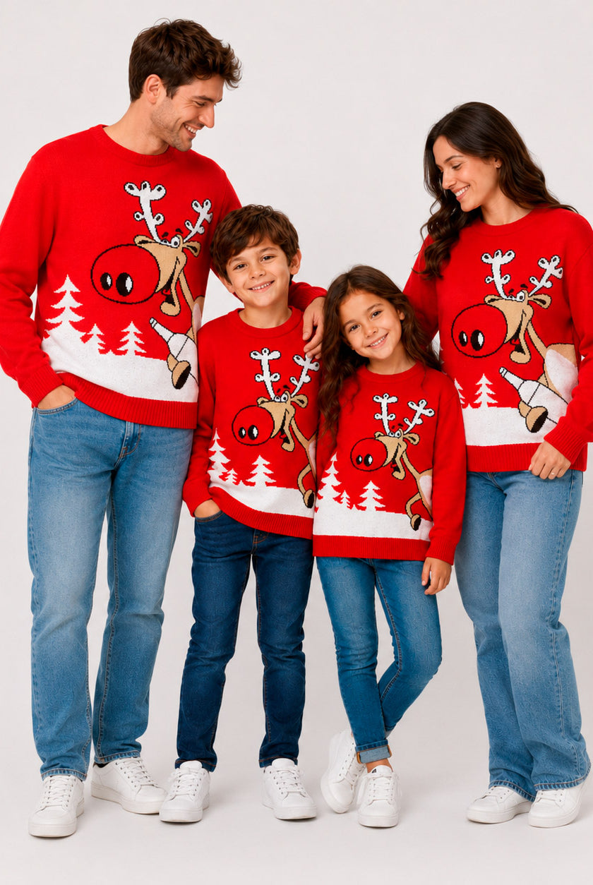 Camisola de Natal Família Vermelha Rena com Cerveja