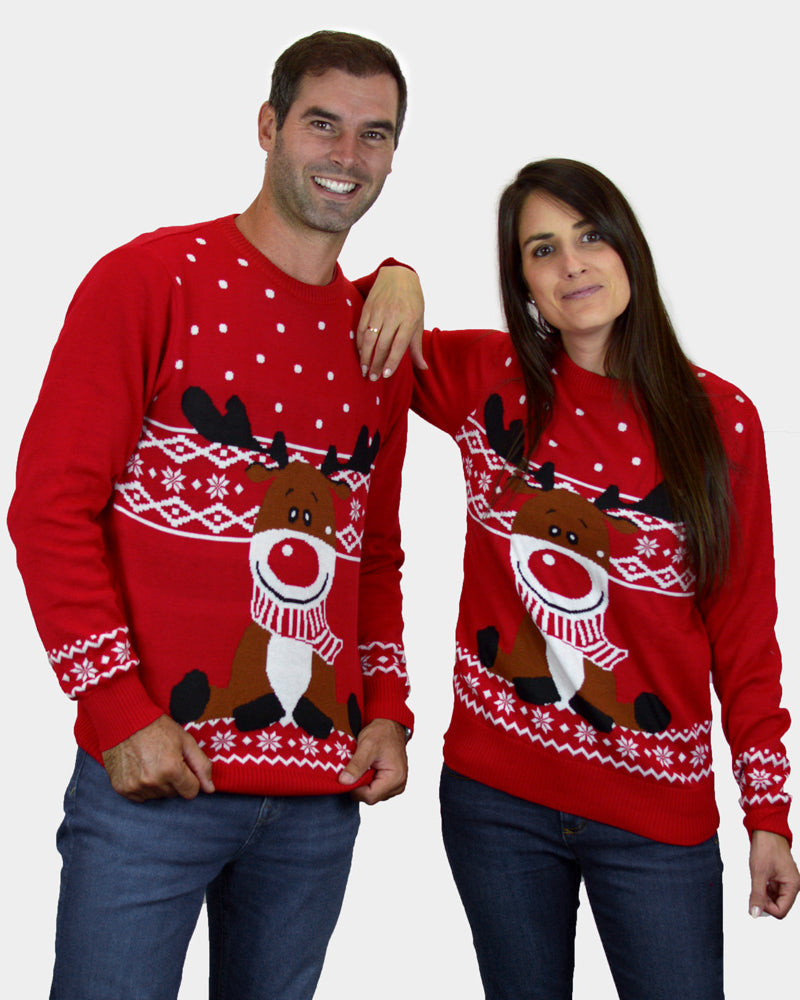 Camisola de Natal Vermelha Rena Rudolph Cachecol casal