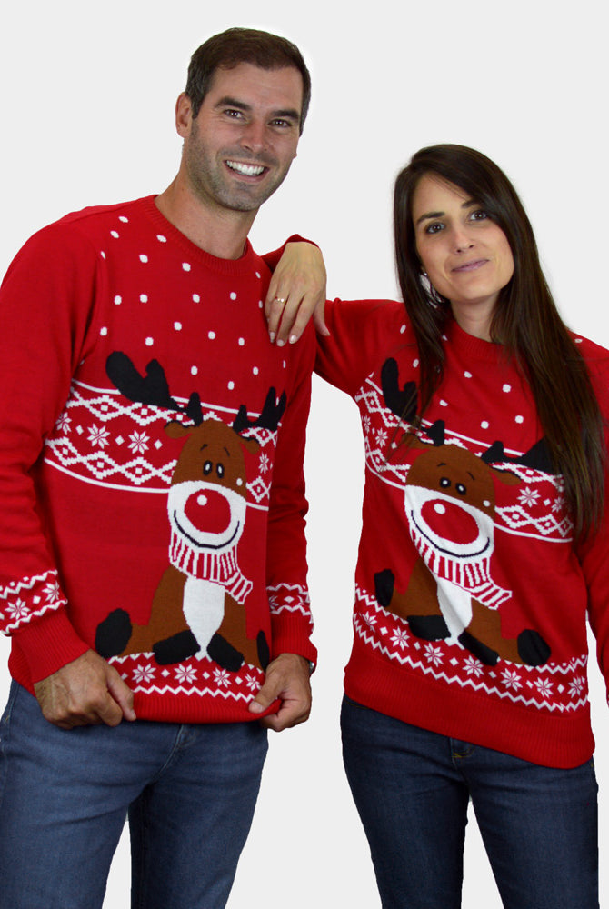 Camisola de Natal Vermelha Rena Rudolph Cachecol casal