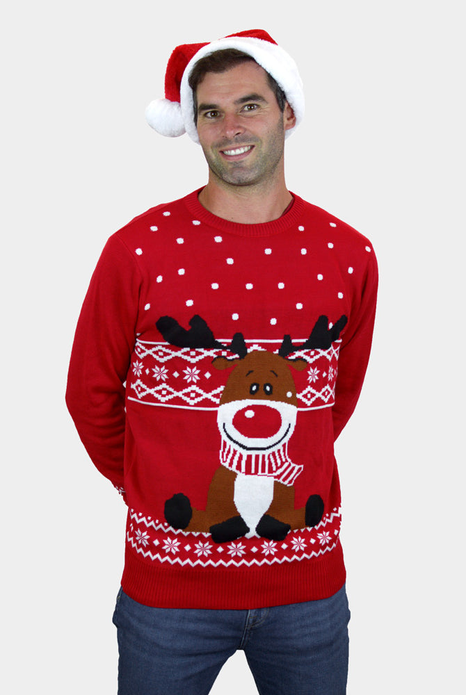 homem Camisola de Natal Vermelha Rena Rudolph Cachecol