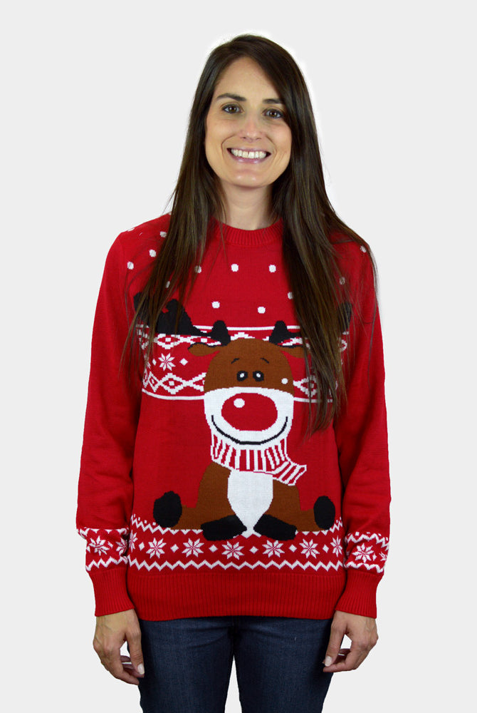 mulher Camisola de Natal Vermelha Rena Rudolph Cachecol