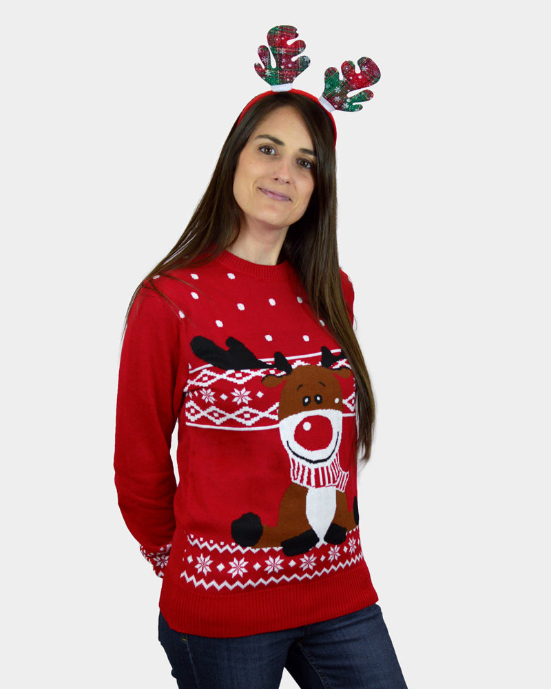 Camisola de Natal Vermelha Rena Rudolph Cachecol mulher
