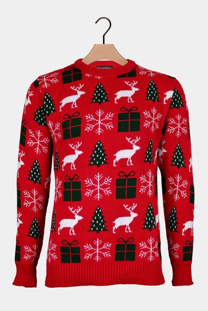 Camisola de Natal para Casal Vermelha Renas, Presentes e Pinheiros