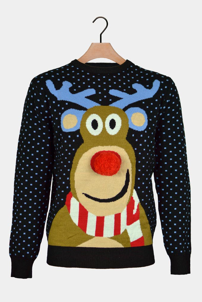 Camisola de Natal Azul Rena com Nariz Vermelho 3D