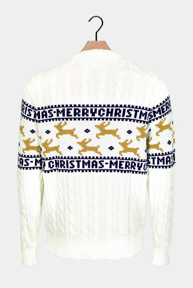 Camisola de Natal Casal Elegante Branca com Renas Algodão Orgânico