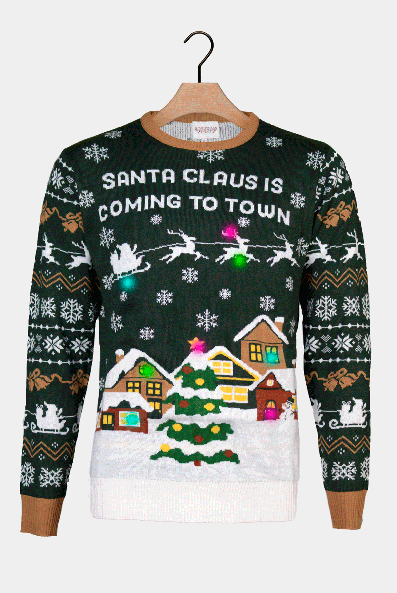 Camisola de Natal Luzes LED para Casal Santa is Coming to Town