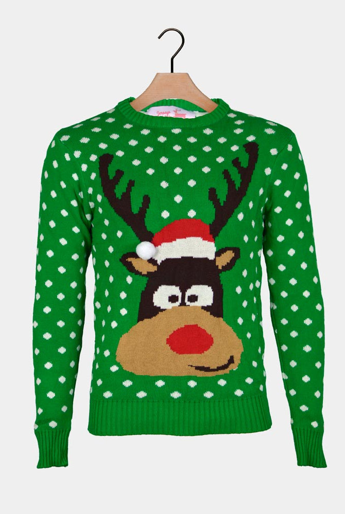 Camisola de Natal Verde Rena com Gorro 3D