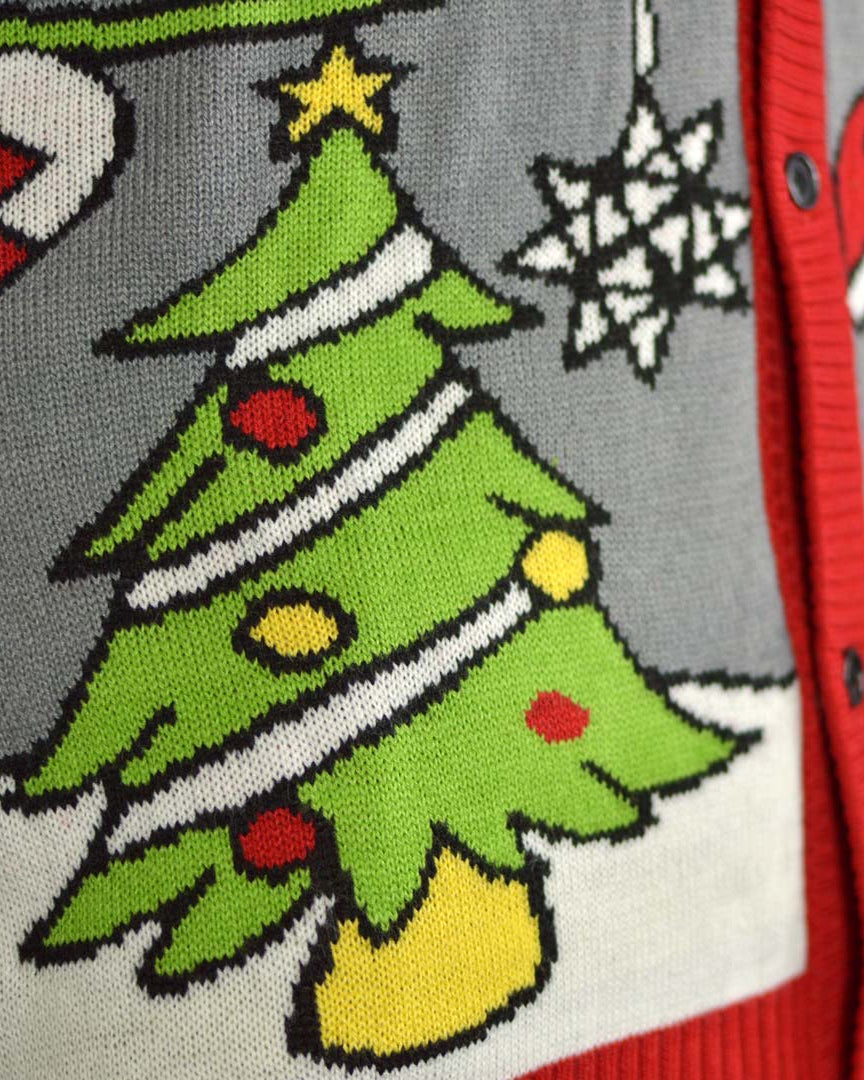 detalhe Camisola de Natal Cardigan Árvore e Boneco de Neve