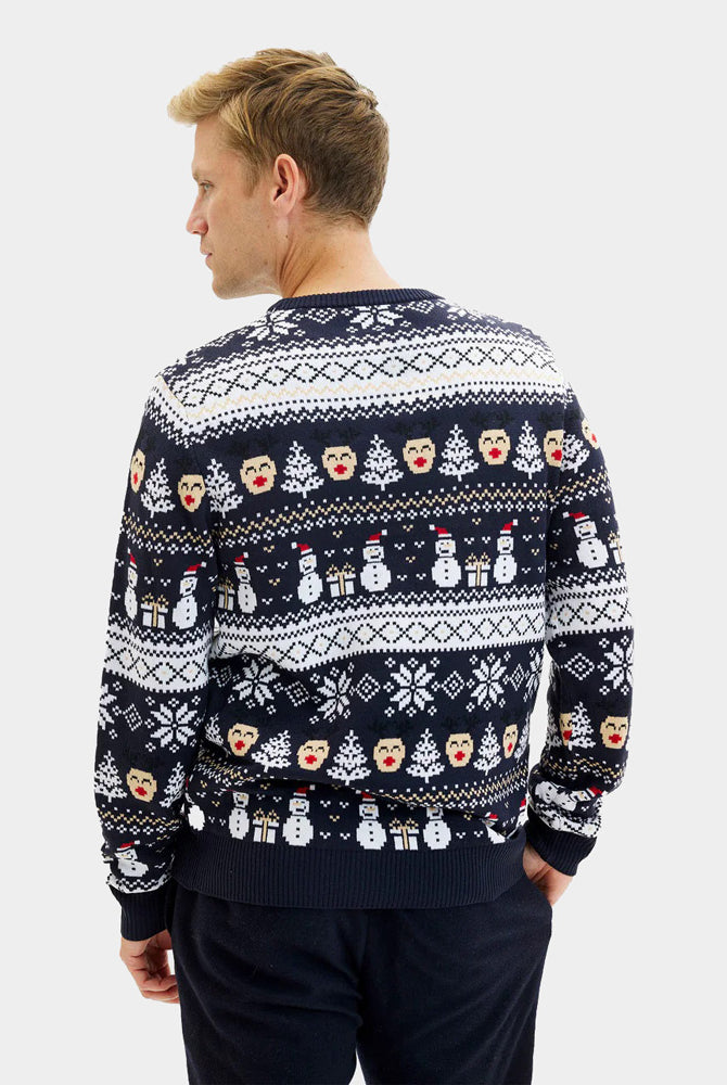 Camisola de Natal Homem Azul Bonecos Neve e Árvores