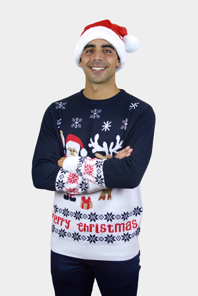 Camisola de Natal Azul Pai Natal e Rena Rudolph Algodão Orgânico Homem