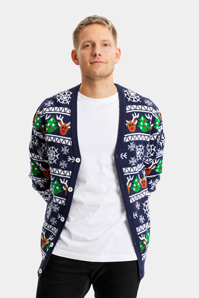 homem Camisola de Natal Cardigan para Casal Azul com Renas e Árvores