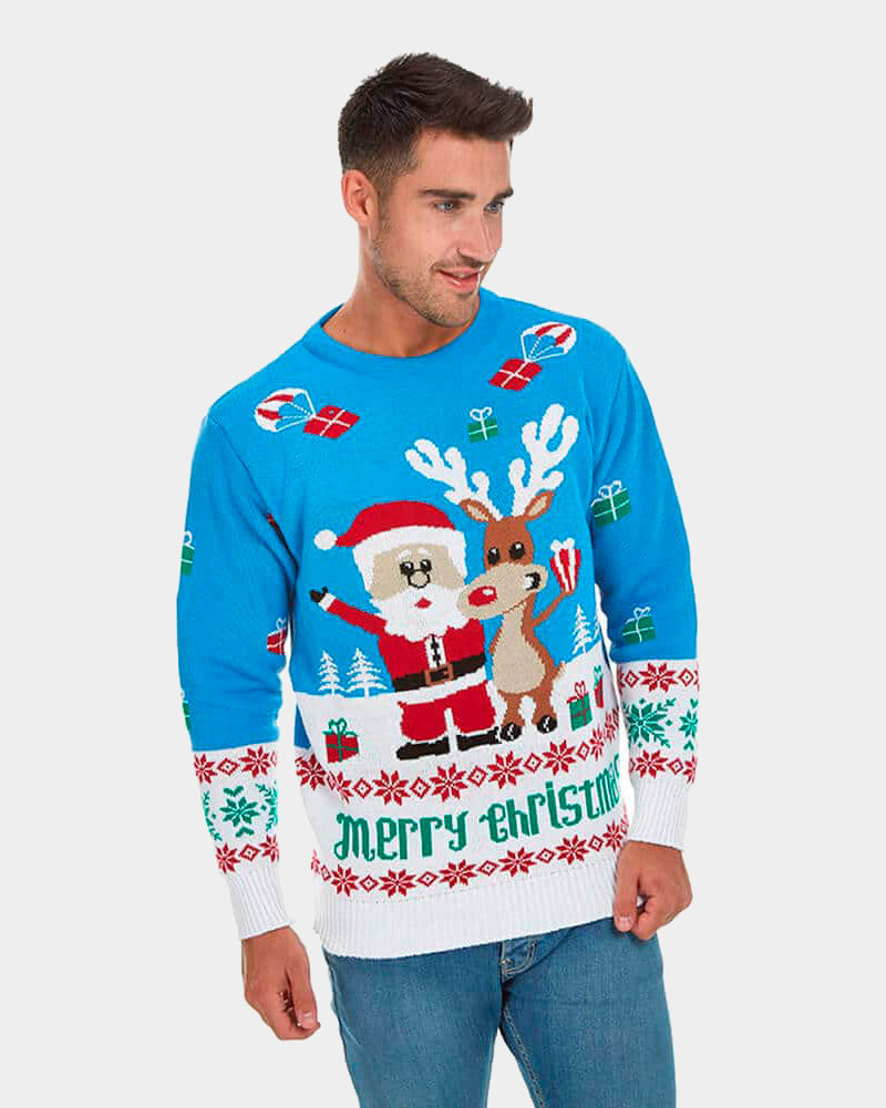 Camisola de Natal para Casal Azul Claro com Rena e Pai Natal homem