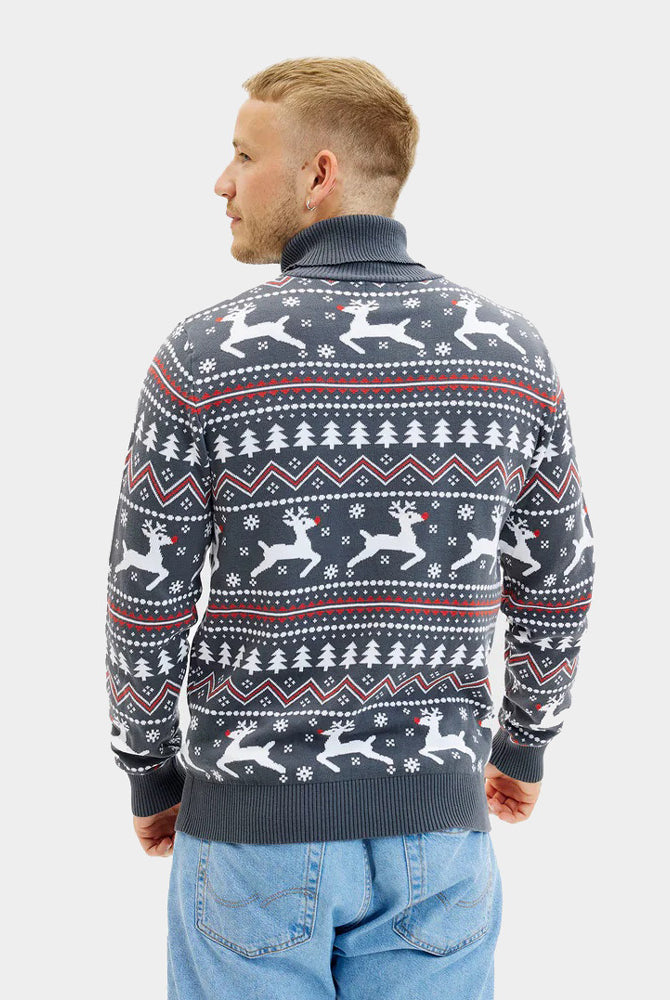 Homem Camisola de Natal para Casal de Gola Alta Cinzenta Renas Algodão Orgânico