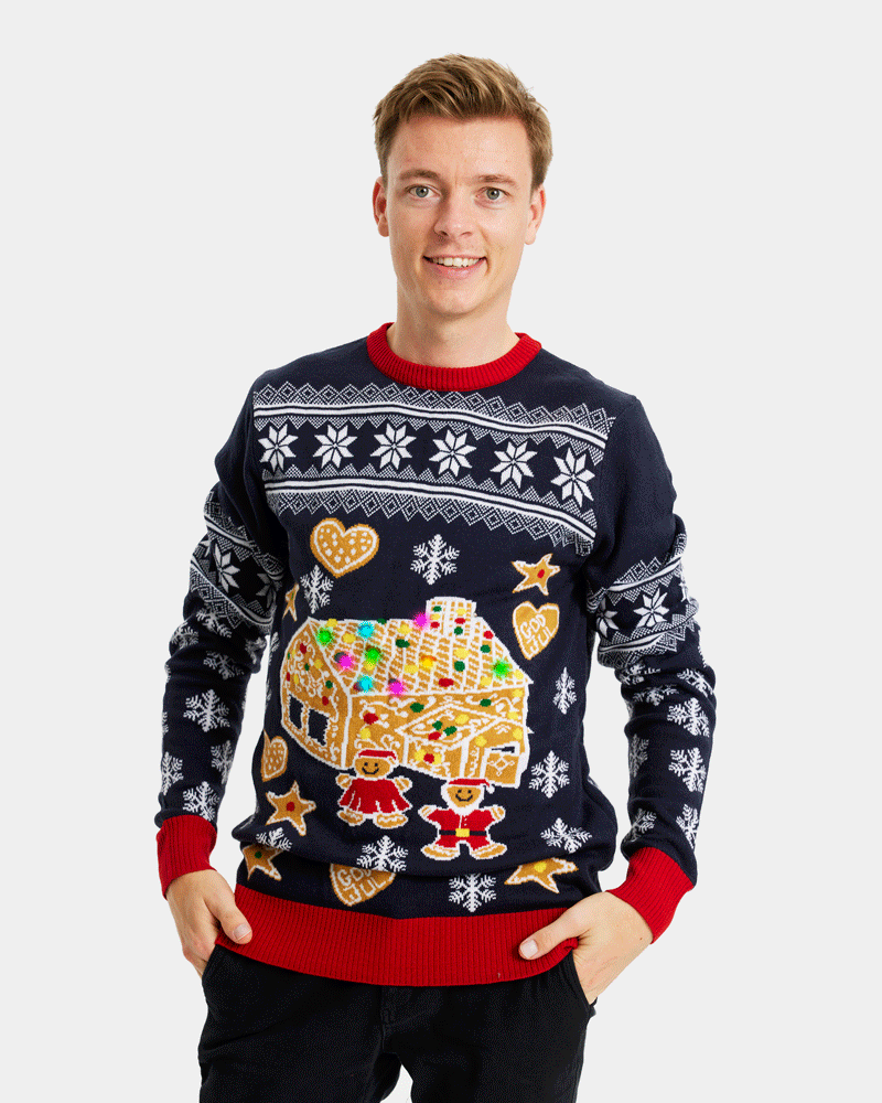 Homem Camisola de Natal para Casal com Luzes LED Casa Gingerbread