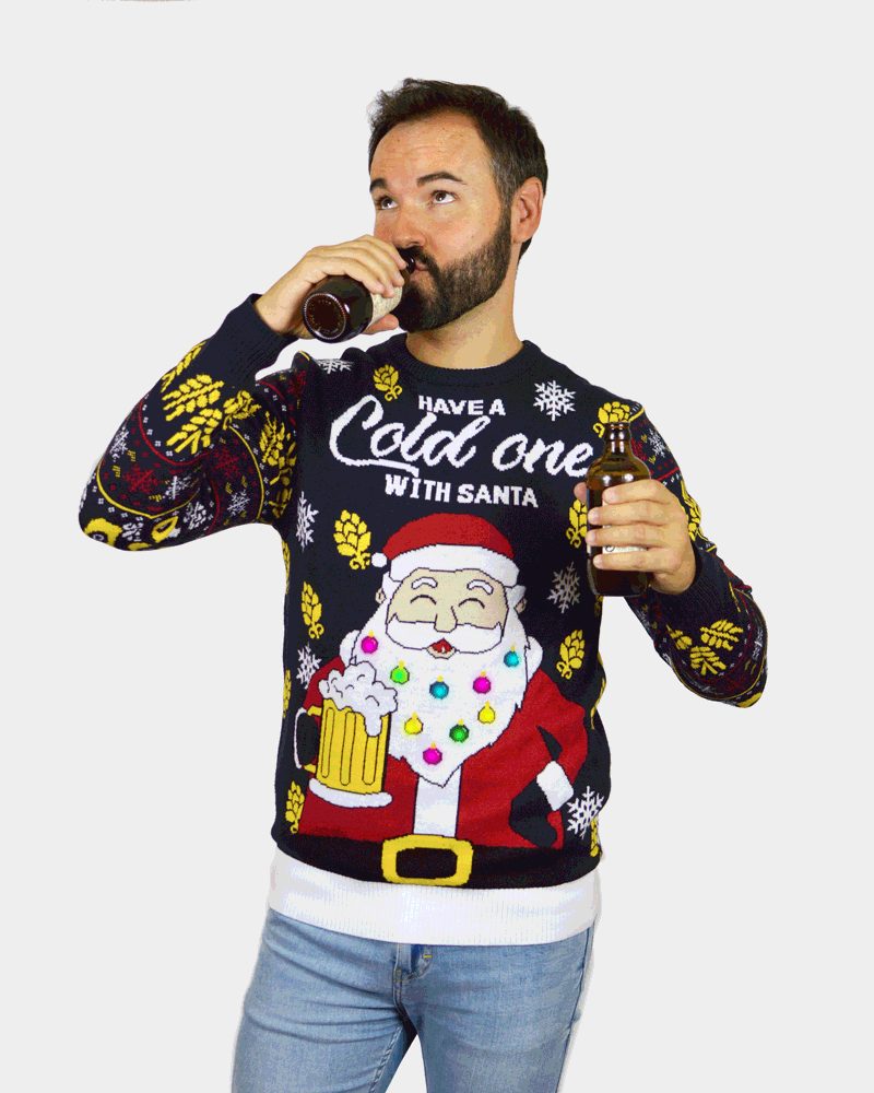 homem Camisola de Natal para Casal com Luzes LED Pai Natal com Cerveja