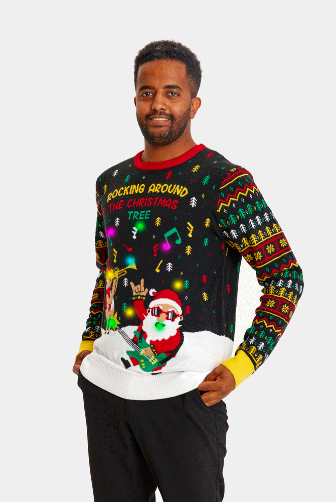 Camisola de Natal para Casal com Luzes LED Pai Natal Rocker homem