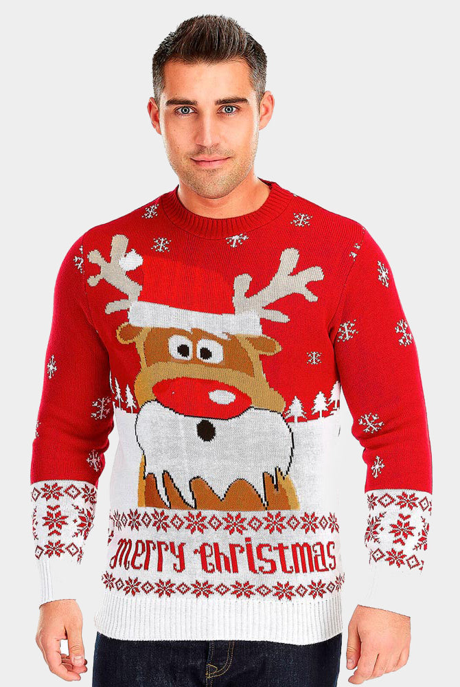 Camisola de Natal para Casal Vermelha com Rena Rudolph homem