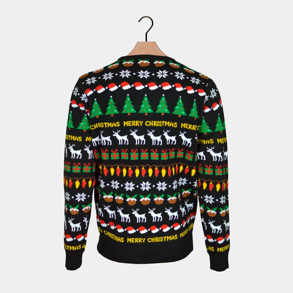 Camisola de Natal para Homem Preta com Árvores, Renas e Presentes