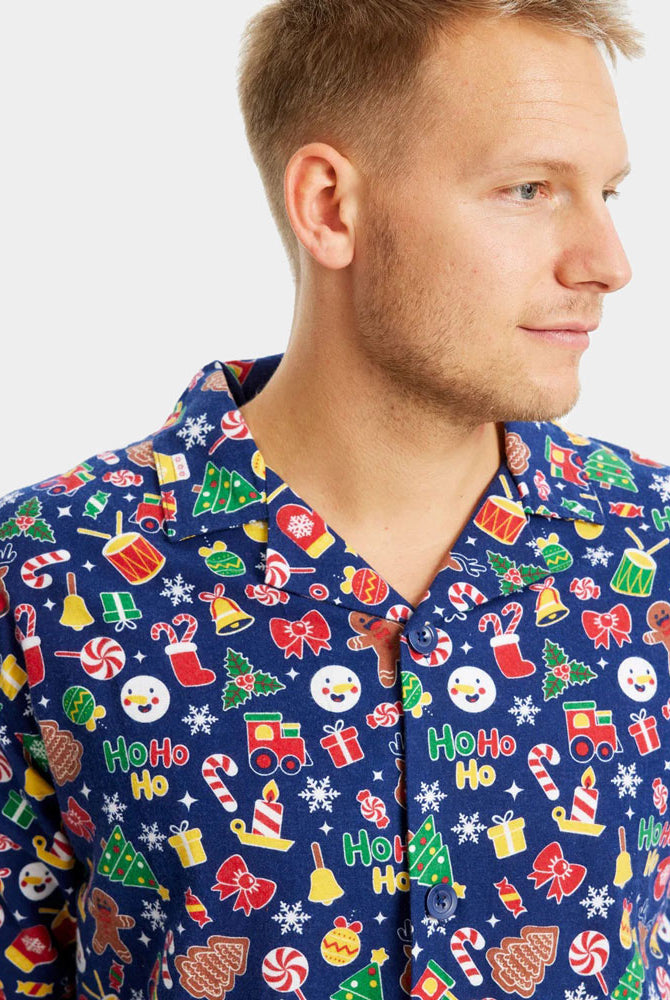 Homem Pijama de Natal Familiar Azul com Motivos Natalícios