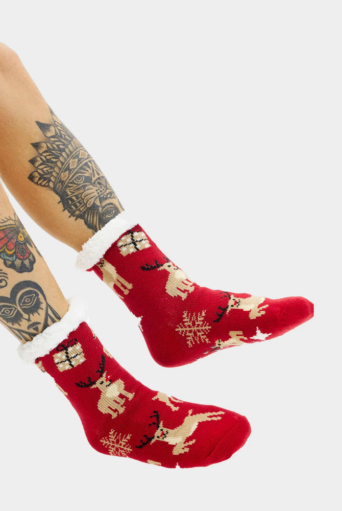 Meias de Natal Domésticas Vermelhas com Renas e Presentes