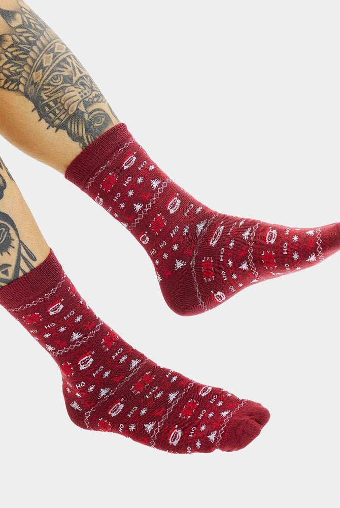 Meias de Natal Unisex Vermelhas com Pai Natal e Renas
