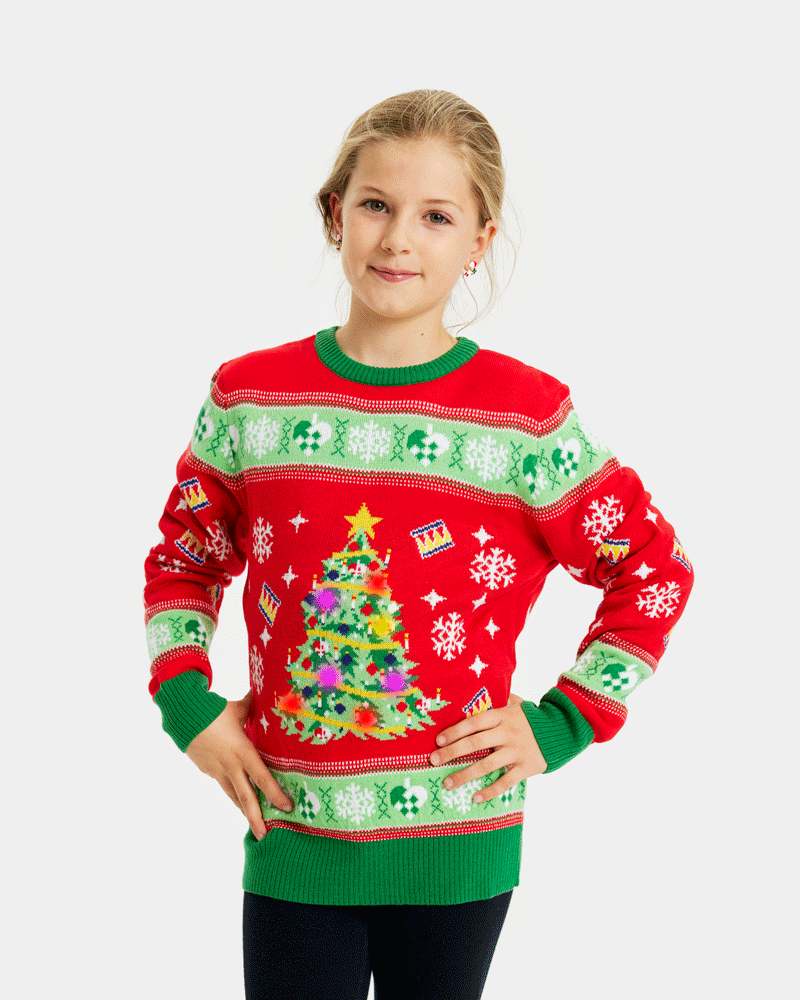 Camisola de Natal Vermelha com Luzes LED para Família Árvore de Natal Menina