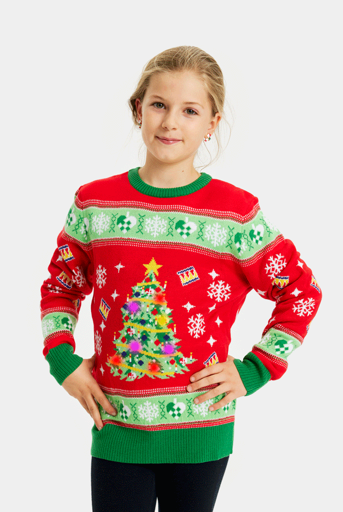Camisola de Natal Vermelha com Luzes LED para Família Árvore de Natal Menina
