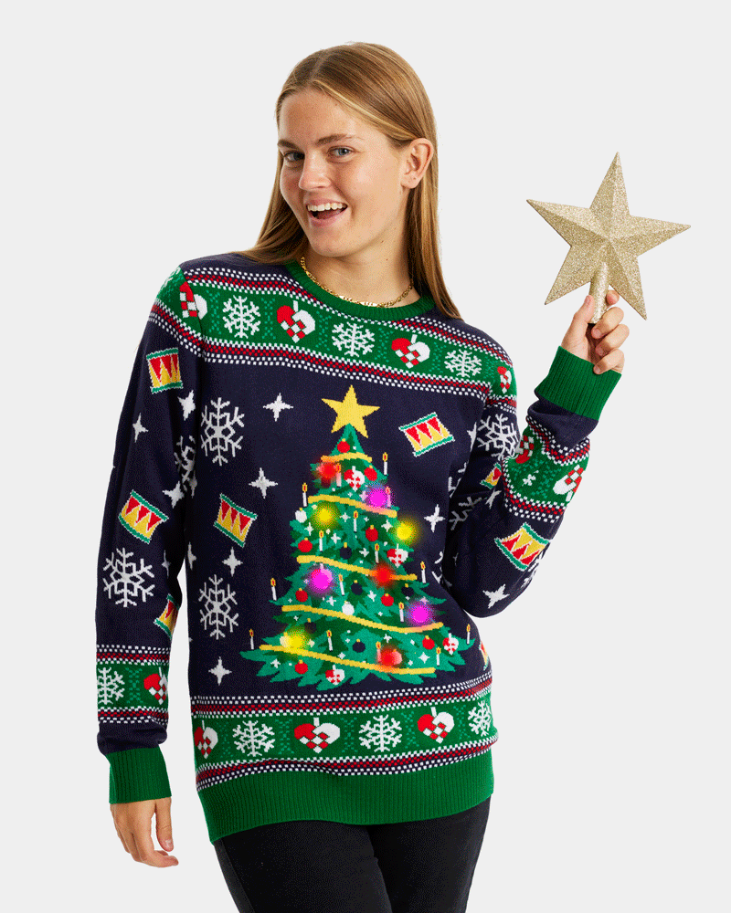 Camisola de Natal para Casal Azul com Luzes LED Árvore de Natal mulher