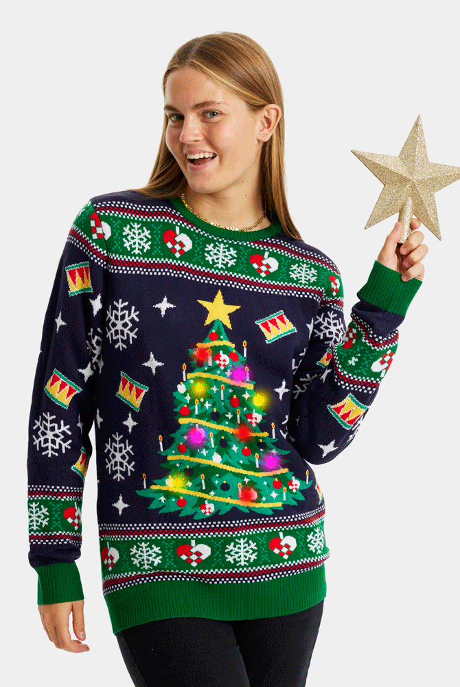 Camisola de Natal para Casal Azul com Luzes LED Árvore de Natal mulher