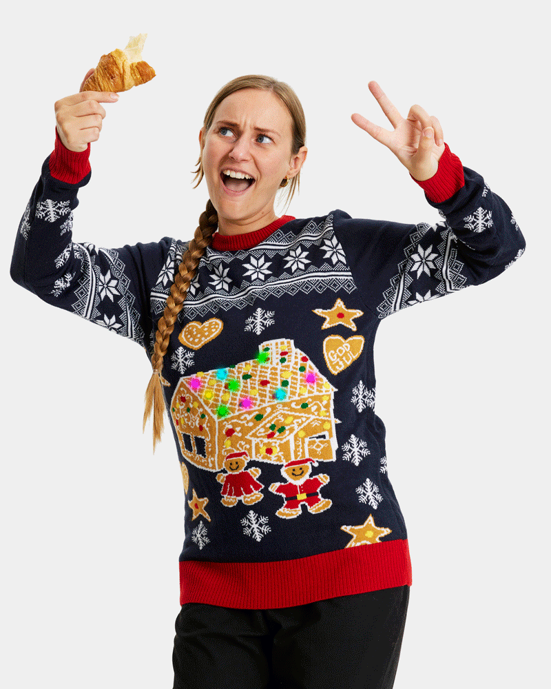 Camisola de Natal para Casal com Luzes LED Casa Gingerbread mulher