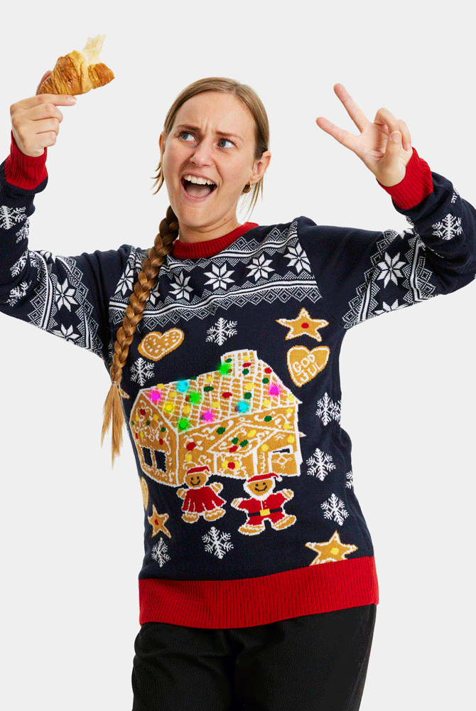 Camisola de Natal para Casal com Luzes LED Casa Gingerbread mulher