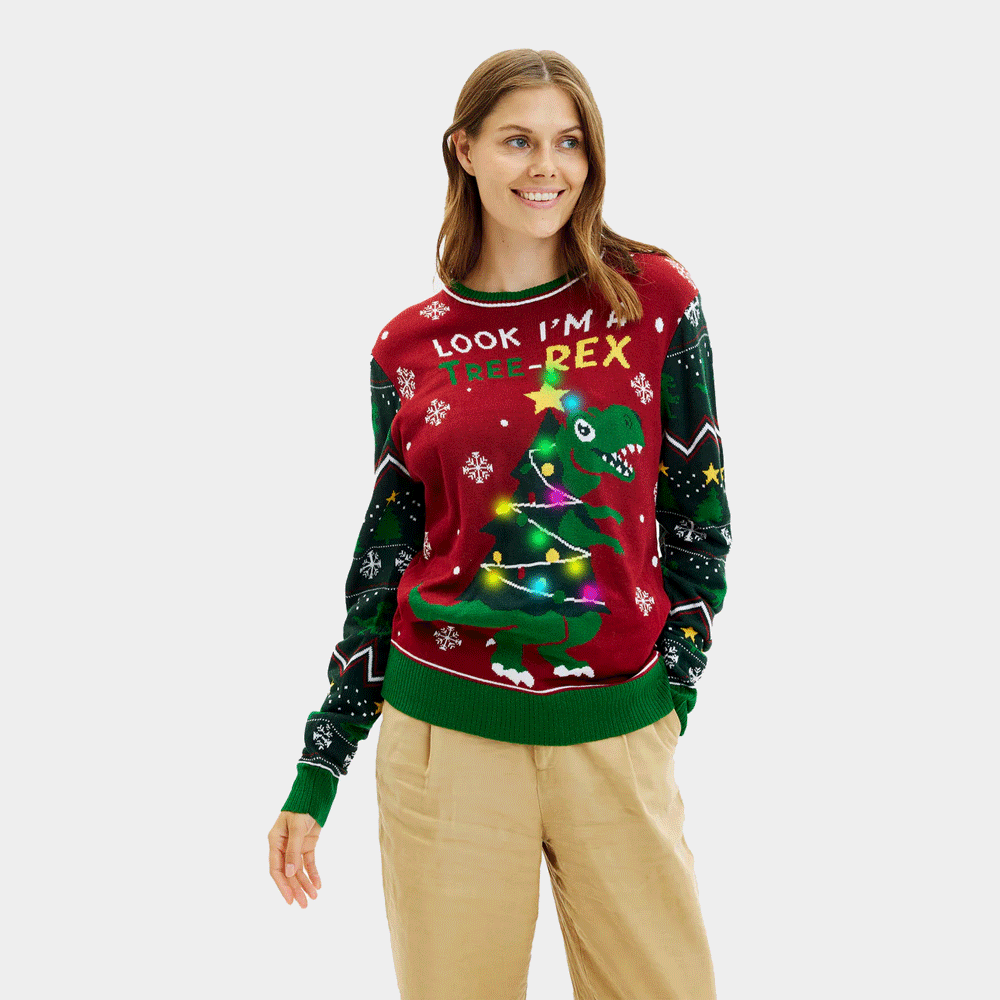 Camisola de Natal para Casal com Luzes LED Christmas Tree-Rex mulher