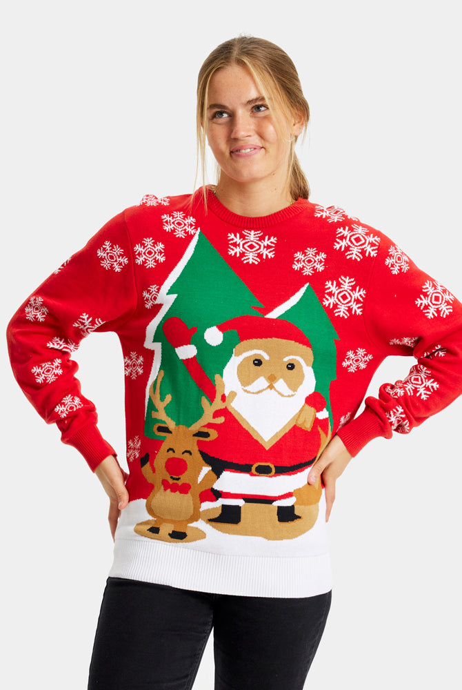 Camisola de Natal para Casal Pai Natal e Rena Cumprimentando mulher