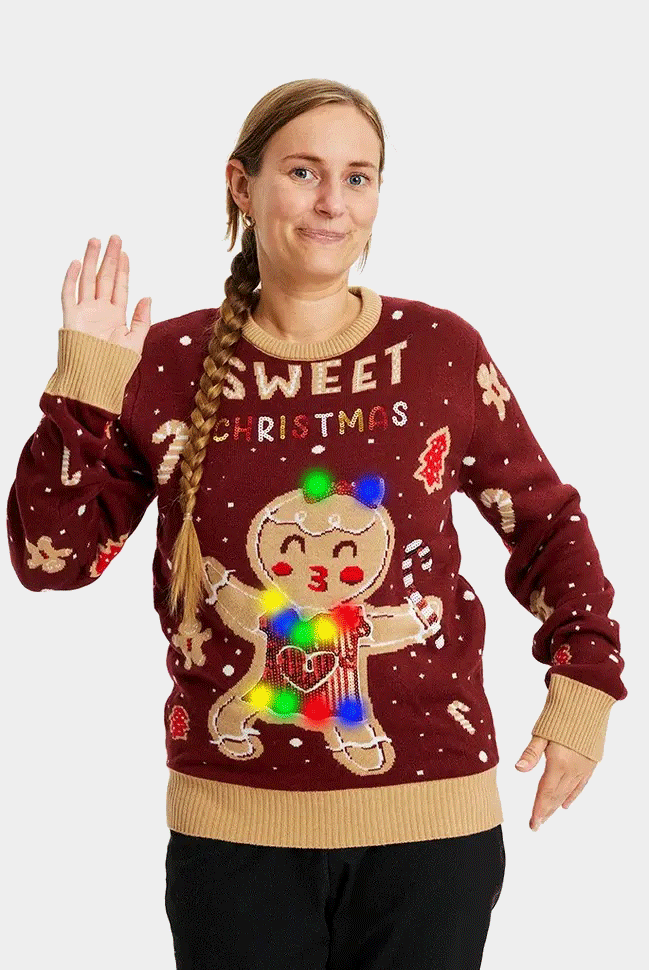 Camisola de Natal para Casal Vermelha com Luzes LED Ginger Cookie mulher