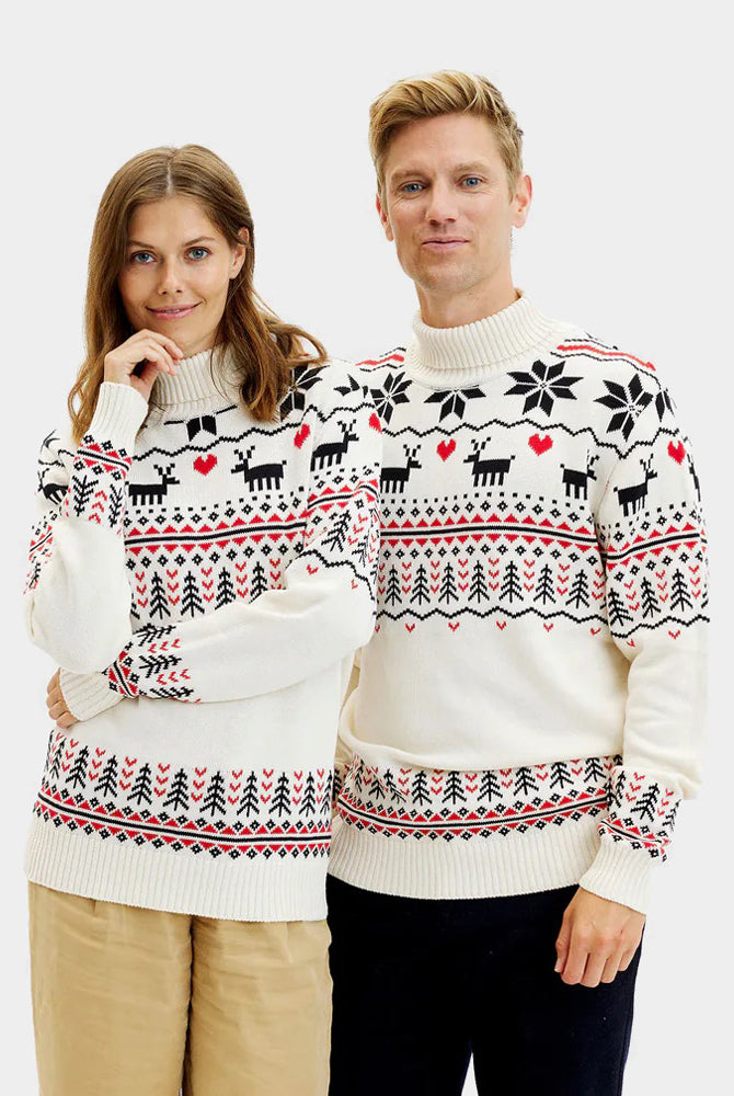 Camisola de Natal para Homem de Gola Alta bege Renas Algodão Orgânico Mulher