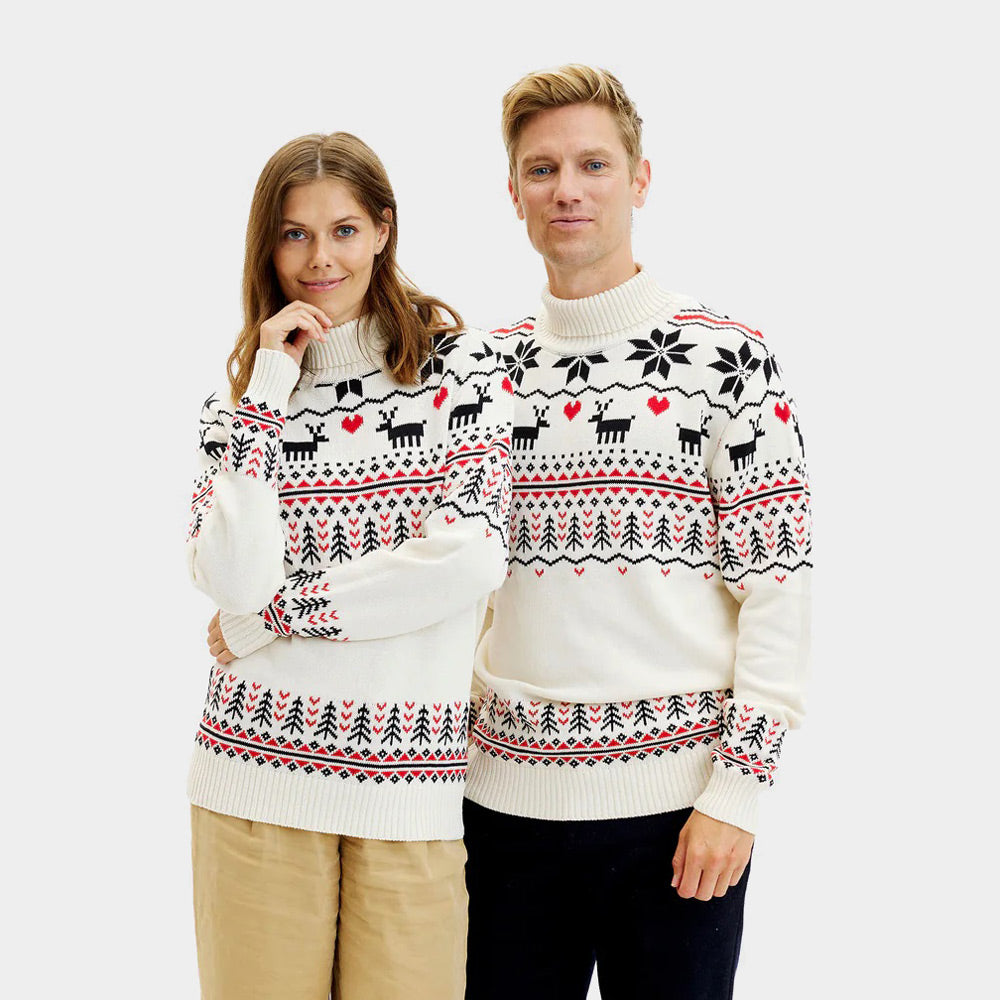 Camisola de Natal para Homem de Gola Alta bege Renas Algodão Orgânico Mulher