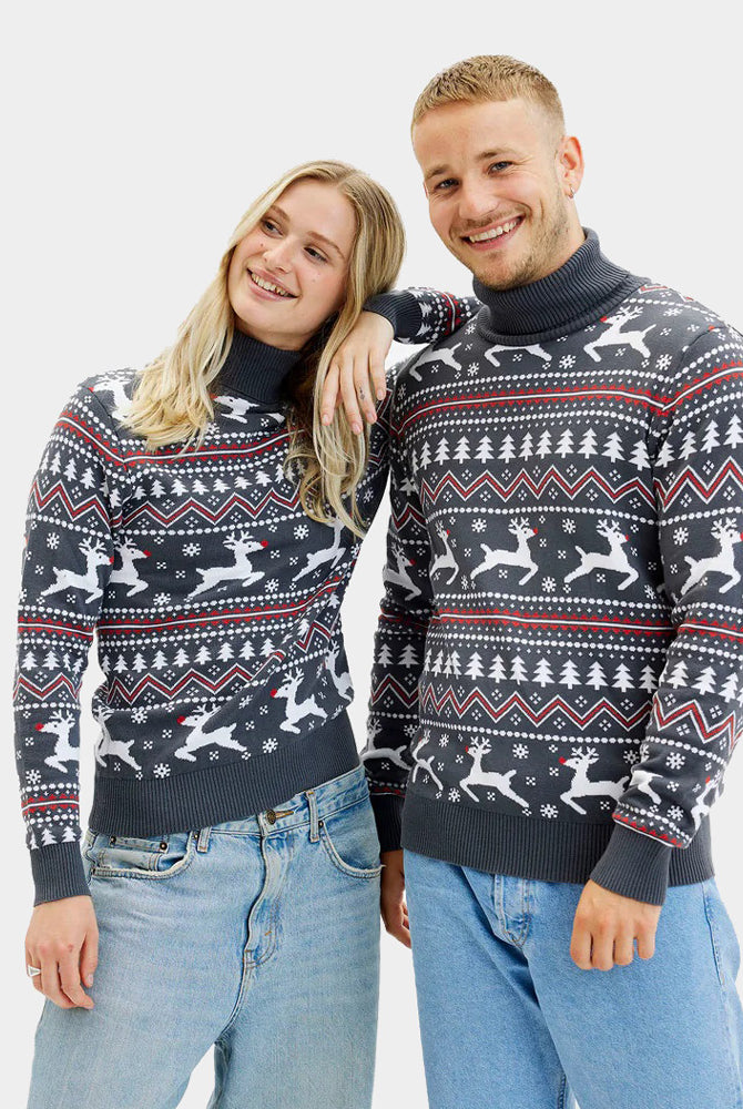 Mulher Camisola de Natal para Homem de Gola Alta Cinzenta Renas Algodão Orgânico