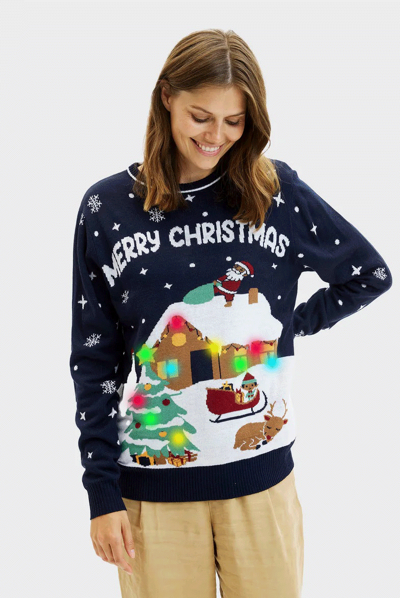 Camisola de Natal Mulher Luzes LED Azul Merry Christmas