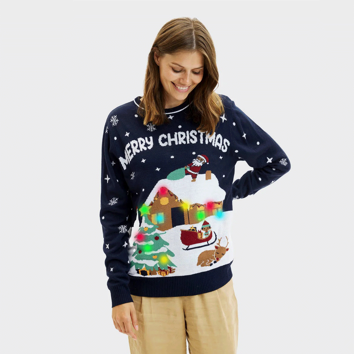Camisola de Natal Mulher Luzes LED Azul Merry Christmas