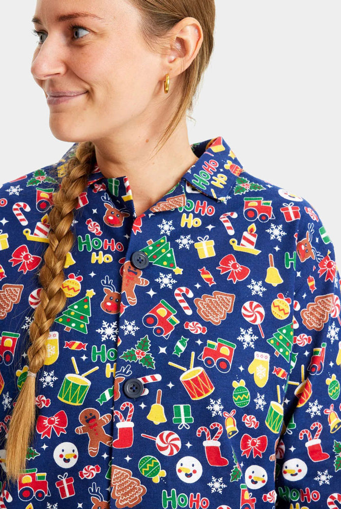 Mulher Pijama de Natal Familiar Azul com Motivos Natalícios
