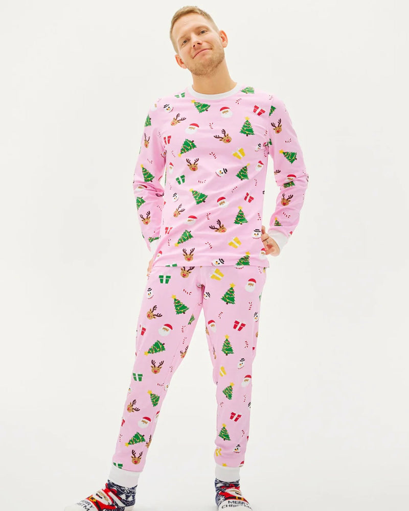 Pijama de Natal Adultos Unisex Rosa com Motivos Natalinos Algodão Orgánico