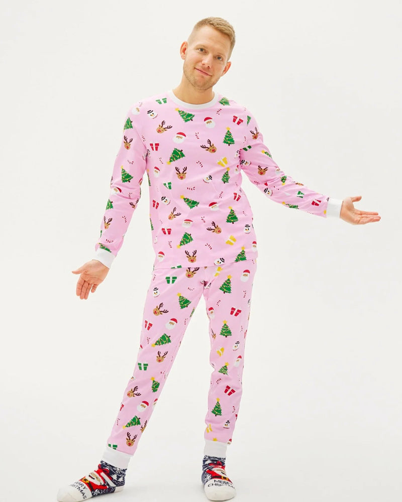 Pijama de Natal para Adultos Unisex Rosa com Motivos Natalinos Algodão Orgánico Homem
