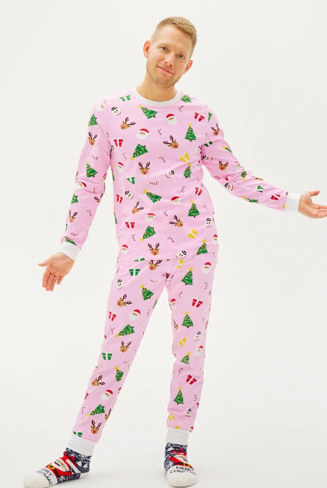 Pijama de Natal para Adultos Unisex Rosa com Motivos Natalinos Algodão Orgánico Homem