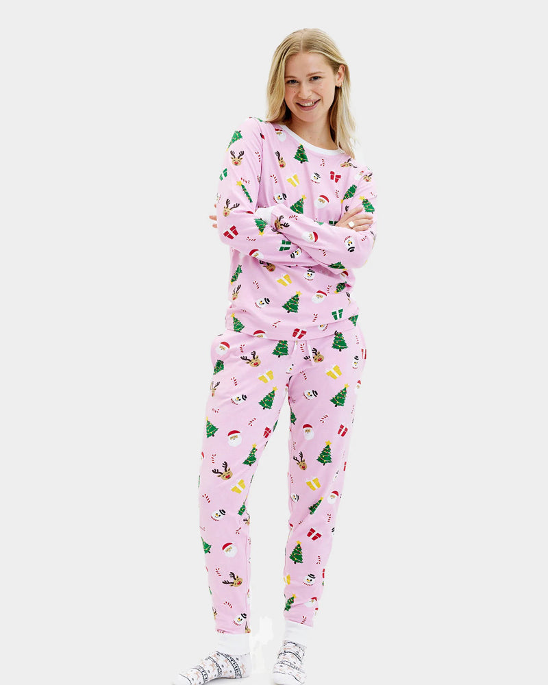 Pijama de Natal para Adultos Unisex Rosa com Motivos Natalinos Algodão Orgánico Mulher